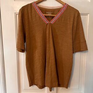 VTG Westbound Womens Brown Cotton Embroidered V Neck Short Sleeve Top